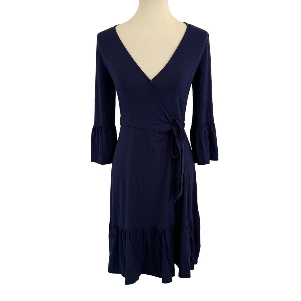 Lilly Pulitzer Navy Blue Ruffle Wrap Dress XS 3/4 Bell Sleeve V-Neck Jersey